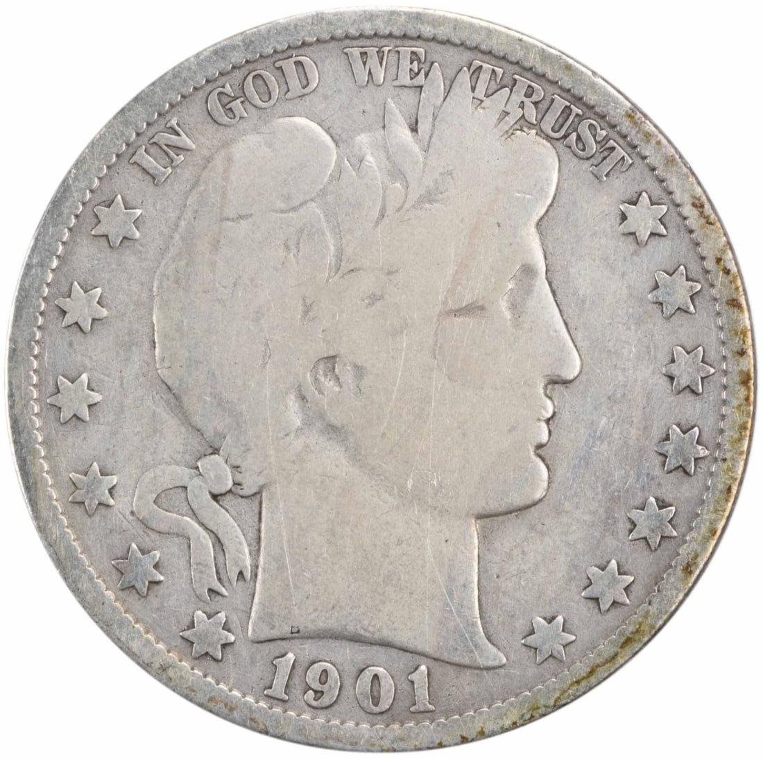 1901 S Barber 50C Silver Half Dollar VG Uncertified: 1901 S Barber 50C Silver Half Dollar VG Uncertified 1901-S Barber silver half dollar in VG grade. This circulated, uncertified United States 50C coin is a pre-owned example of the Barber series. Speci