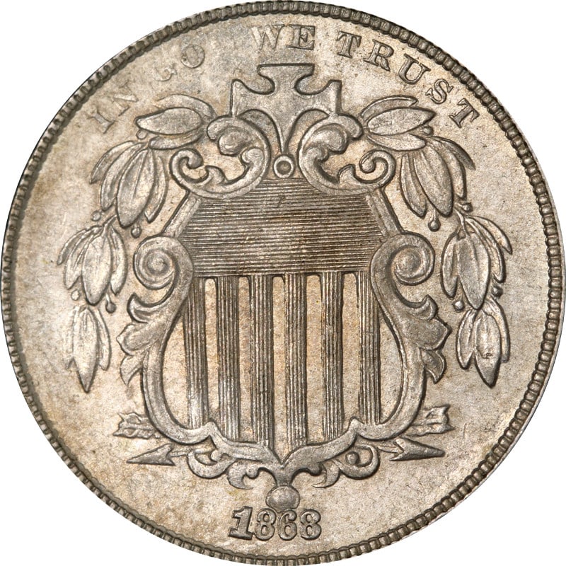 1868 United States Shield Nickel Five Cent Circulated Coin: 1868 United States Shield Nickel Five Cent Circulated Coin This is an 1868 Shield Nickel from the United States. The coin is composed of nickel and is in circulated, pre-owned condition. It is uncerti
