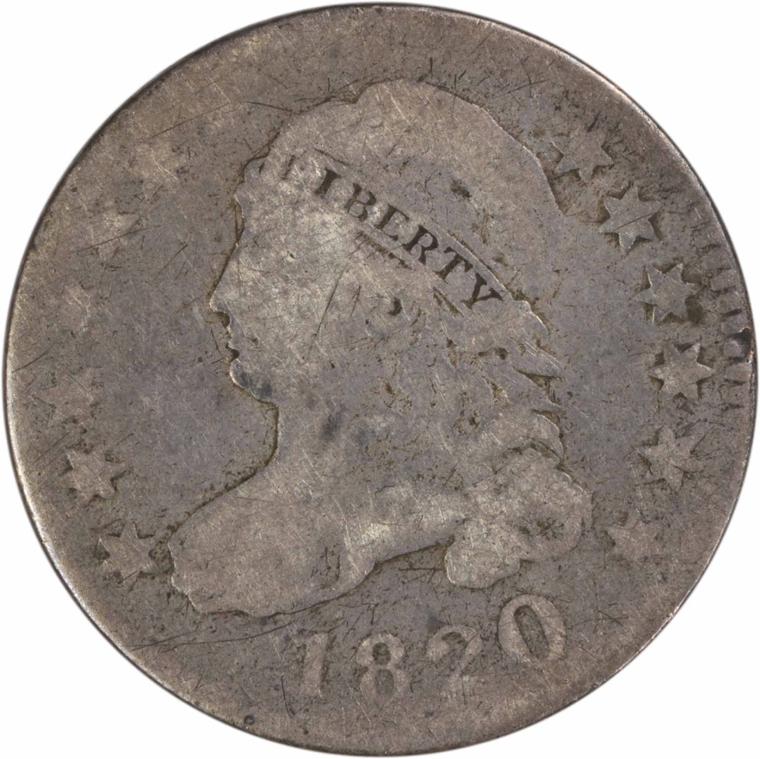 Capped Bust Dime 1820 Large 0 Philadelphia Silver 10C Circulated: Capped Bust Dime 1820 Large 0 Philadelphia Silver 10C Circulated This 1820 Capped Bust silver dime features the Large 0 variety and was struck at the Philadelphia Mint. Designed by John Reich, this ci