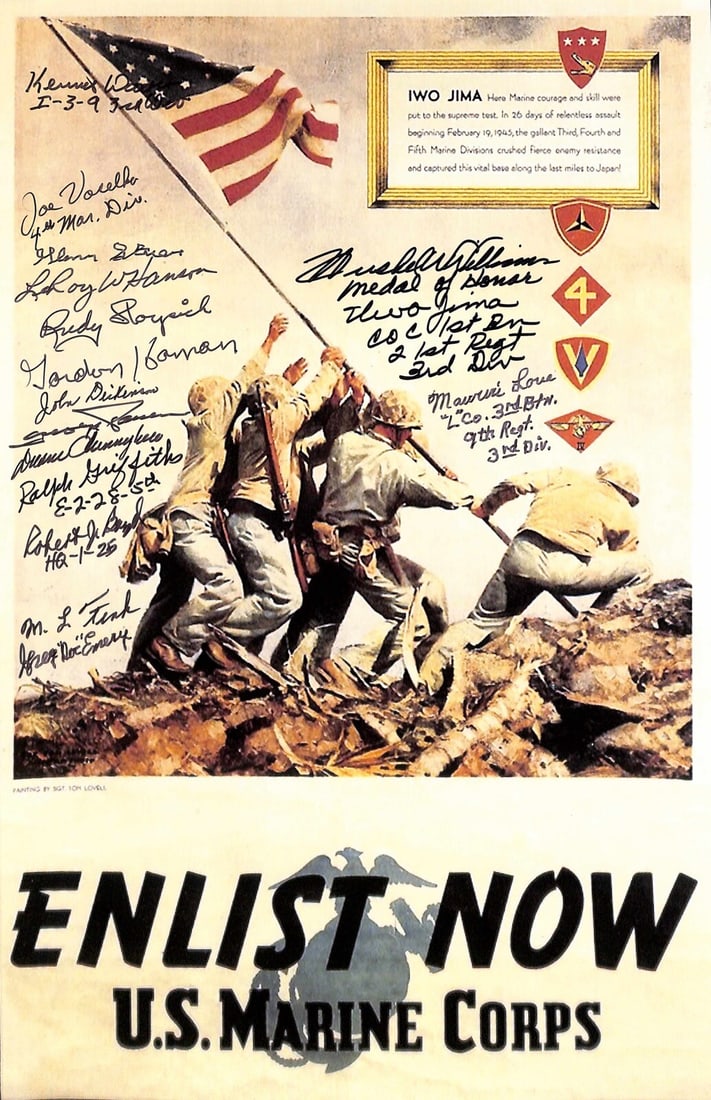 11x14 Photo Signed by 15 Iwo Jima WWII Veterans Beckett LOA: 11x14 Photo Signed by 15 Iwo Jima WWII Veterans Beckett LOA This 11x14 color photograph commemorates the survivors of Iwo Jima and is signed by 15 World War II veterans. Each signature is executed in 