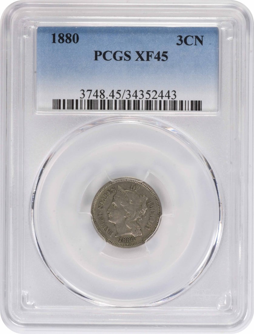 1880 US 3C Nickel PCGS EF45 KM 95: 1880 US 3C Nickel PCGS EF45 KM 95 1880 United States Three Cent Nickel certified by PCGS. This pre-owned coin is listed as an EF45 example and features a nickel composition with a 3 cent denomination.