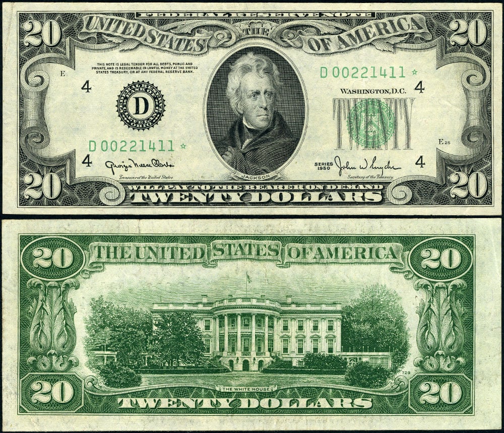 1950 $20 Cleveland Federal Reserve Note D-* Block XF Star: 1950 $20 Cleveland Federal Reserve Note D-* Block XF Star This is a 1950 $20 Federal Reserve Note from the Cleveland D-* Block, graded as Extra Fine (XF). The note showcases original paper quality wit