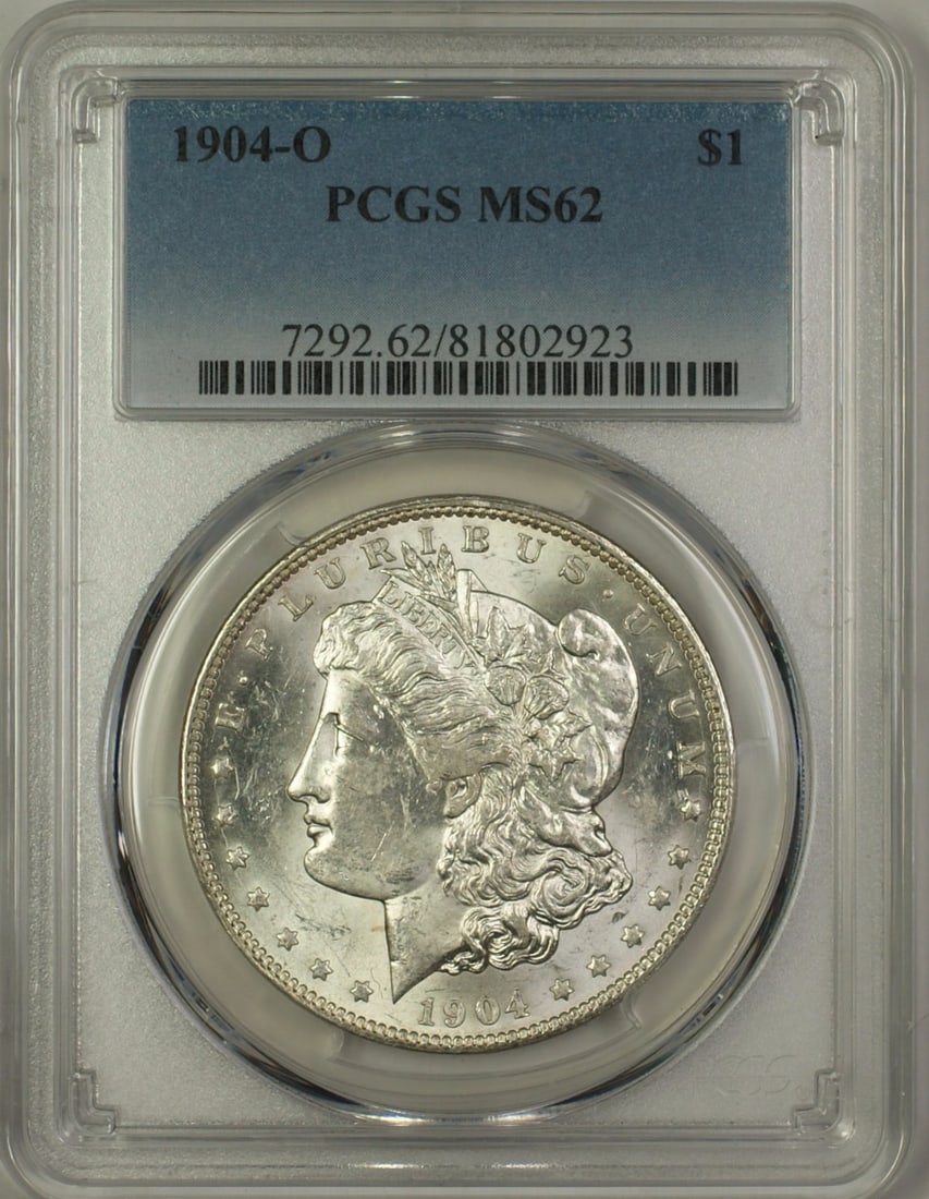 PCGS MS62 1904 O Morgan Silver Dollar: PCGS MS62 1904 O Morgan Silver Dollar This 1904-O Morgan Silver Dollar is an uncirculated $1 coin certified by PCGS with a grade of MS-62. Minted in New Orleans, it features a silver composition and r