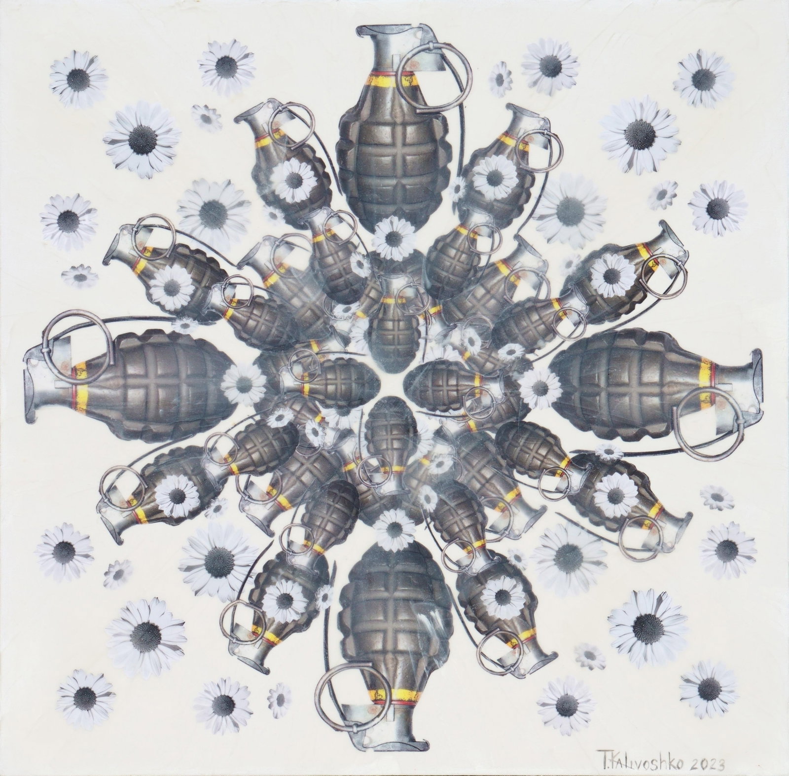Tetiana Kalivoshko Explosion Mandala 24x24 Mixed Media Art 2023: Tetiana Kalivoshko Explosion Mandala 24x24 Mixed Media Art 2023 "Explosion Mandala" is a captivating 24" x 24" mixed media artwork by Tetiana Kalivoshko, created in 2023. This piece is part of the Spr