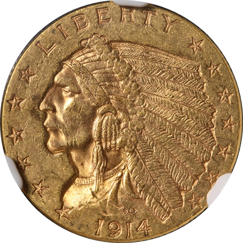 1914 Indian Head Gold Quarter Eagle NGC MS61 Philadelphia Mint: 1914 Indian Head Gold Quarter Eagle NGC MS61 Philadelphia Mint This original 1914-P Indian Gold $2.50 coin features a nice strike and decent eye appeal, with good color and surfaces. It is certified b