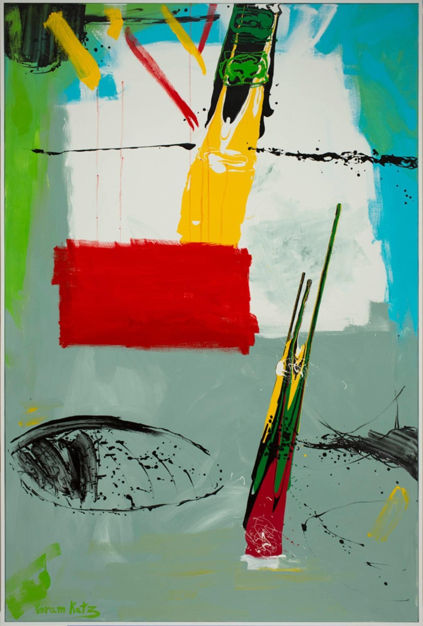 Yoram Katz Framed Abstract Painting Surprise 72 x 48 Inch Enamel Acrylic 2017: Yoram Katz Framed Abstract Painting Surprise 72 x 48 Inch Enamel Acrylic 2017 This striking abstract painting titled "Surprise" by Yoram Katz is a captivating piece that measures 72 x 48 inches (frame
