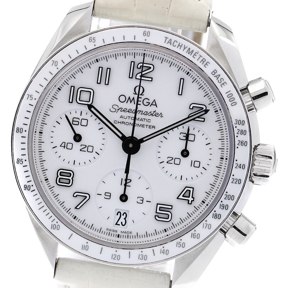 OMEGA Speedmaster 324.33.38.40.04.001 womens chronograph wristwatch: OMEGA Speedmaster 324.33.38.40.04.001 womens chronograph wristwatch Pre-owned OMEGA Speedmaster ladies wristwatch with a white dial and automatic movement. This chronograph model features a date displ