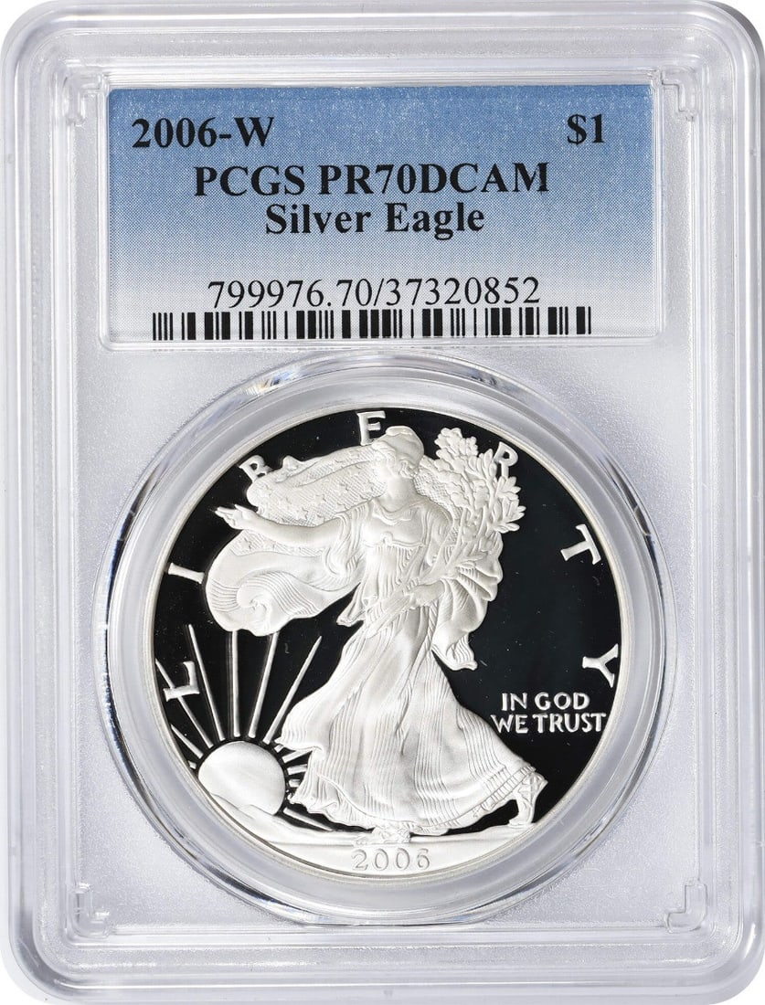PCGS PR70 2006-W Proof Silver American Eagle Dollar Coin Deep Cameo: PCGS PR70 2006-W Proof Silver American Eagle Dollar Coin Deep Cameo This 2006-W American Silver Eagle Dollar is a proof coin graded PR70 Deep Cameo by PCGS. Struck by the U.S. Mint, it features a fine