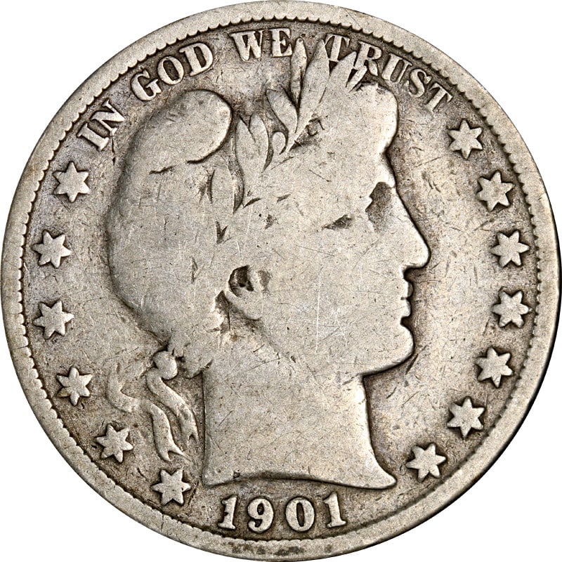 1901 S Silver Barber Half Dollar: 1901 S Silver Barber Half Dollar This 1901-S Barber Half Dollar is a circulated, pre-owned coin from the United States. Composed of silver with a fineness of 0.9, it originates from the San Francisco 