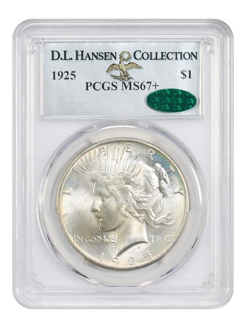 1925 Peace Dollar $1 PCGS CAC MS67+ ex D.L. Hansen: 1925 Peace Dollar $1 PCGS CAC MS67+ ex D.L. Hansen 1925 Peace Dollar certified by PCGS and graded MS67+, with CAC approval and ex: D.L. Hansen provenance as stated in the title. This uncirculated exam