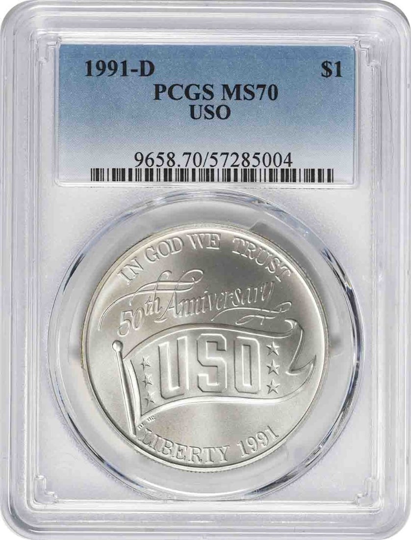 PCGS MS70 1991-D USO Commemorative Silver Dollar Coin: PCGS MS70 1991-D USO Commemorative Silver Dollar Coin 1991-D USO Commemorative Silver Dollar graded MS70 by PCGS. This uncirculated coin was minted in Denver and is composed of 90% silver and 10% copp