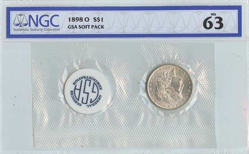 NGC MS63 1898-O Morgan Silver Dollar GSA Soft Pack: NGC MS63 1898-O Morgan Silver Dollar GSA Soft Pack This is an 1898-O Morgan Dollar presented in a GSA soft pack. Certified by NGC with a grade of MS63, this uncirculated coin was minted in New Orleans