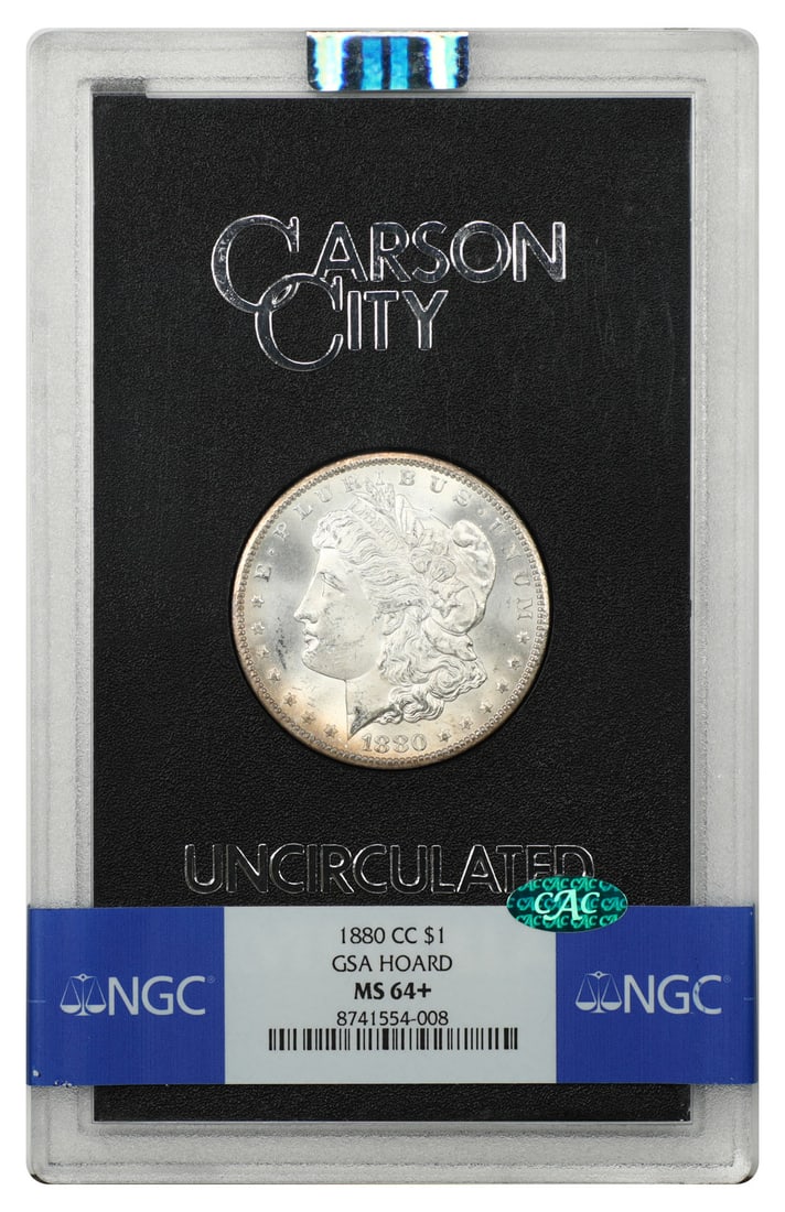 1880 CC Morgan Dollar $1 GSA NGC MS64+ CAC: 1880 CC Morgan Dollar $1 GSA NGC MS64+ CAC An 1880 Carson City Morgan Dollar, GSA issue, housed in the original hard case and graded NGC MS64+ with CAC endorsement. This uncirculated original example 
