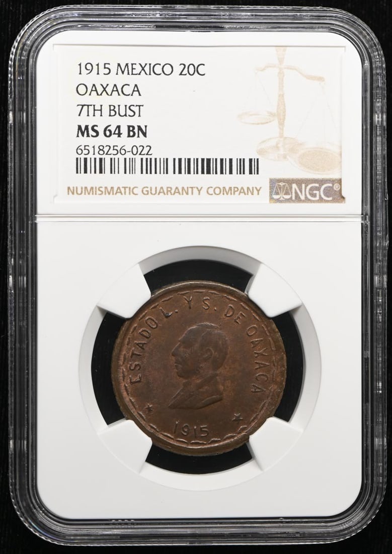 Mexico Oaxaca 1915 20 Centavos KM-733 GB-324 NGC MS64BN: Mexico Oaxaca 1915 20 Centavos KM-733 GB-324 NGC MS64BN 1915 Mexico Oaxaca 20 centavos coin, cataloged as KM-733 and GB-324. This pre-owned coin is an uncirculated example certified and graded by NGC.