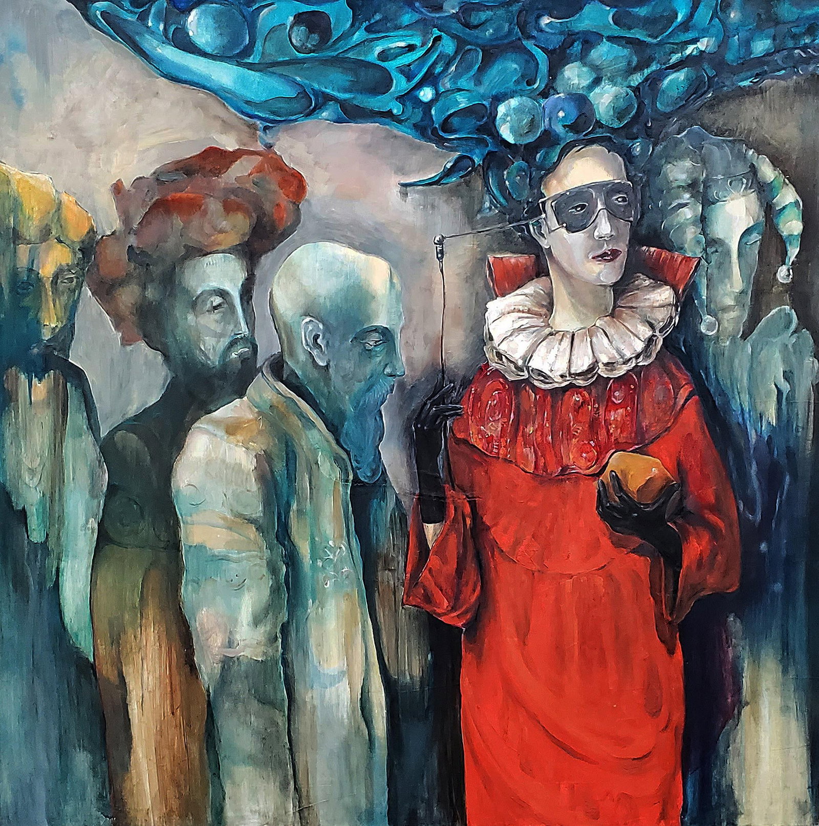 Khoren Keshishyan Contemporary Oil Painting Under Great Secrecy 36 x 36 Frame Included: Khoren Keshishyan Contemporary Oil Painting Under Great Secrecy 36 x 36 Frame Included "UNDER GREAT SECRECY" is a captivating oil painting created in 2020 by acclaimed American-Armenian artist Khoren 