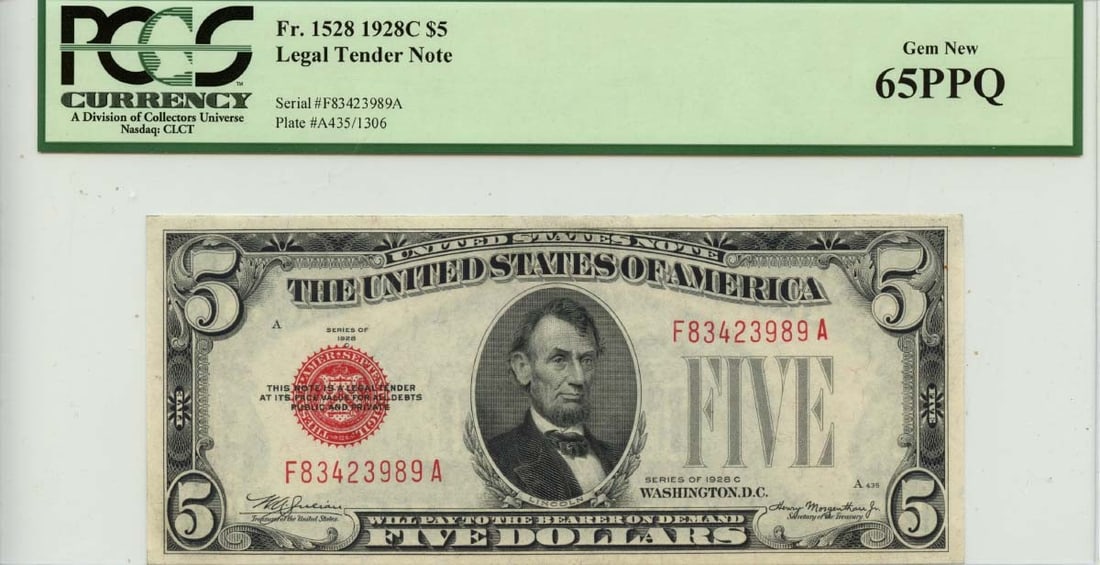 1928B $5 Legal Tender Note FR#1528 PCGS MS65 Gem Uncirculated: 1928B $5 Legal Tender Note FR#1528 PCGS MS65 Gem Uncirculated This 1928B $5 Legal Tender Note, certified by PCGS Currency, is an exceptional collectible item. Graded as Gem 65 PPQ, it showcases the hi