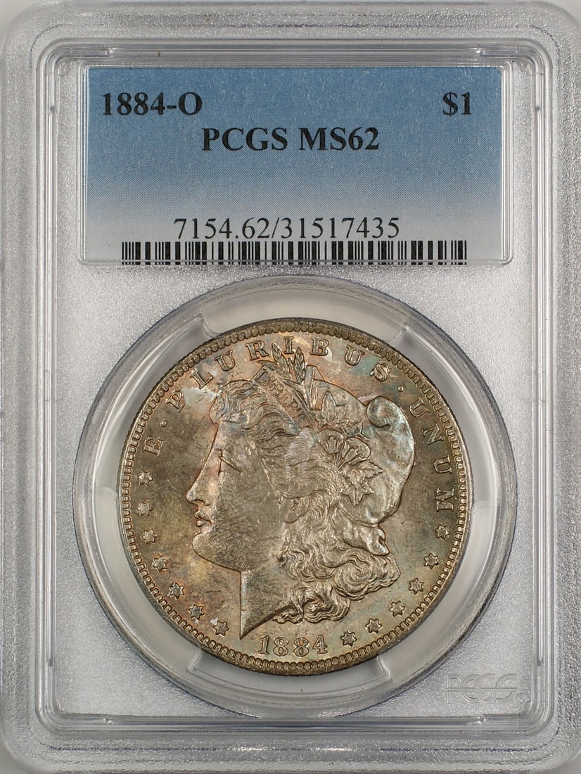 PCGS MS62 1884 O Morgan Silver Dollar Toned: PCGS MS62 1884 O Morgan Silver Dollar Toned This is an 1884-O Morgan Silver Dollar graded MS-62 by PCGS. Minted in New Orleans, this uncirculated coin features a toned finish and is composed of silver