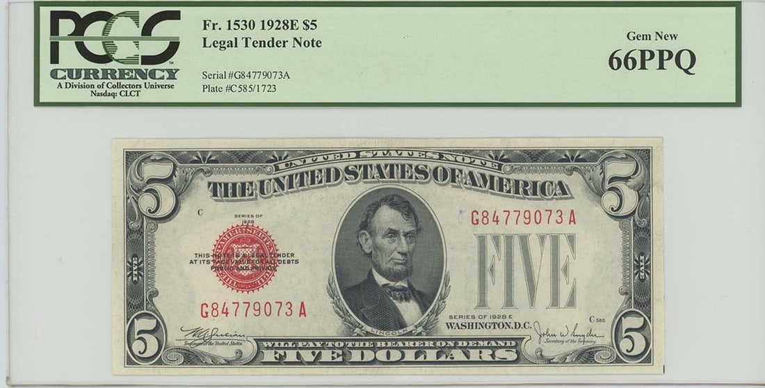 PCGS MS66 1928 $5 Legal Tender Note FR 1530: PCGS MS66 1928 $5 Legal Tender Note FR 1530 This 1928E $5 Legal Tender Note from the United States is graded MS66 Gem New PPQ by PCGS Currency. Featuring Abraham Lincoln, this note is uncirculated and