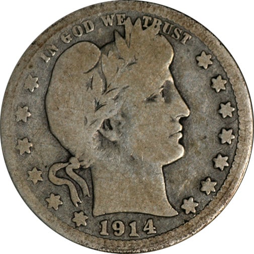1914 S Barber silver quarter key date G VG: 1914 S Barber silver quarter key date G VG This 1914-S Barber Quarter is a key date coin featuring attractive eye appeal and pleasing color for its grade. It displays even circulation on both sides an