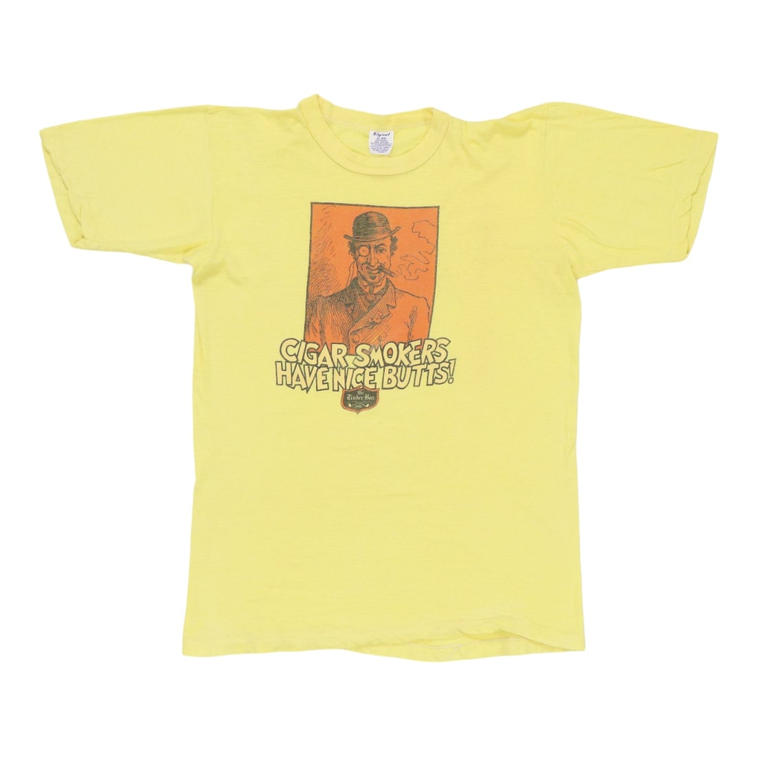 Vintage 1970s Yellow Cigar Smokers Graphic Cotton T-Shirt XL: Vintage 1970s Yellow Cigar Smokers Graphic Cotton T-Shirt XL This is an original vintage 1970s "Cigar Smokers Have Nice Butts" shirt. Featuring graphics on both the front and back, this shirt is craft