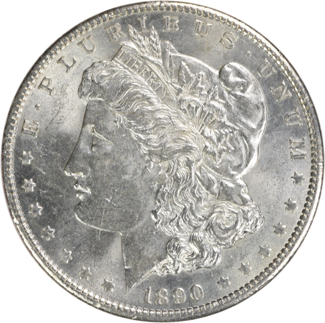 Uncirculated 1890 Silver Dollar Morgan BU No Mint Mark: Uncirculated 1890 Silver Dollar Morgan BU No Mint Mark This is an 1890 Morgan Silver Dollar from the United States, featuring a Brilliant Uncirculated (BU) grade. The coin is composed of silver, has n