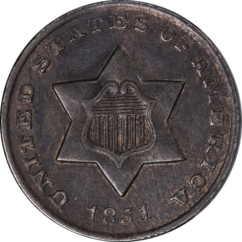 1851 O Three Cent Silver Coin Choice AU BU: 1851 O Three Cent Silver Coin Choice AU BU An original 1851-O Three Cent Silver coin with nice eye appeal and a strong strike. It is described as having nice color and surfaces, and is noted as tough 