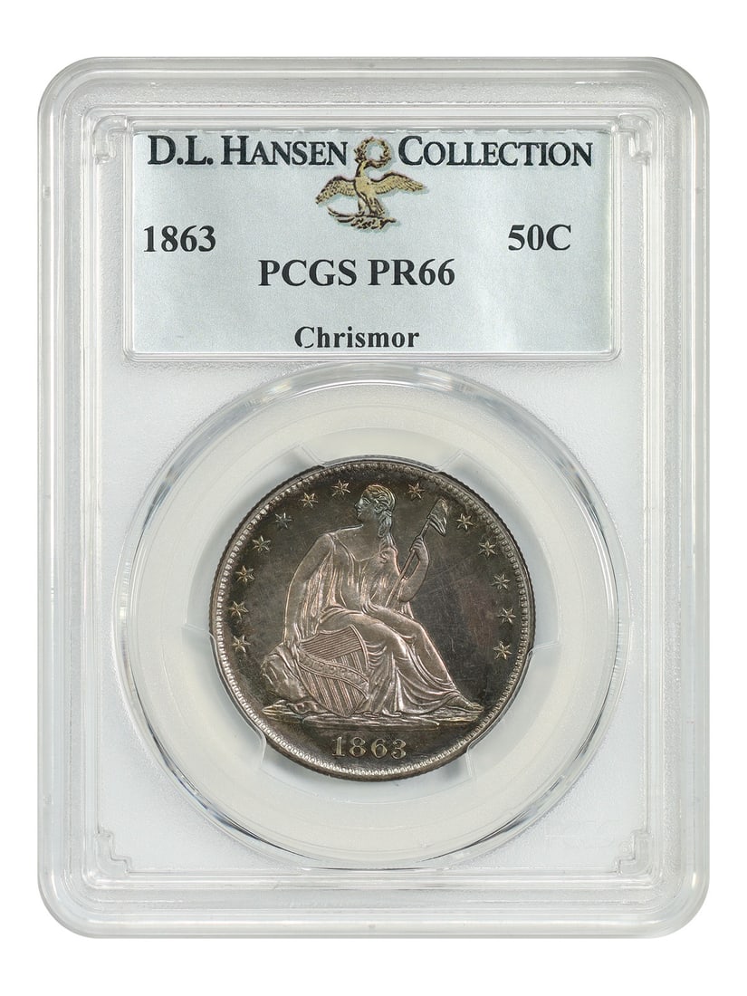 Liberty Seated Half Dollar 1863 50C PCGS PR66 ex D.L. Hansen Chrismor: Liberty Seated Half Dollar 1863 50C PCGS PR66 ex D.L. Hansen Chrismor 1863 Liberty Seated Half Dollar certified by PCGS as PR66. This proof issue has a low mintage of just 460 coins struck. Ex: D.L. H