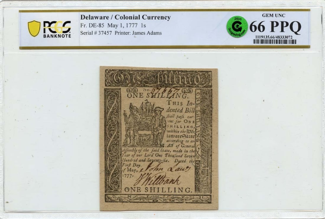 1777 1 Shilling Delaware Colonial Currency DE-85 PCGS Gem 66 PPQ (1 of 2)
