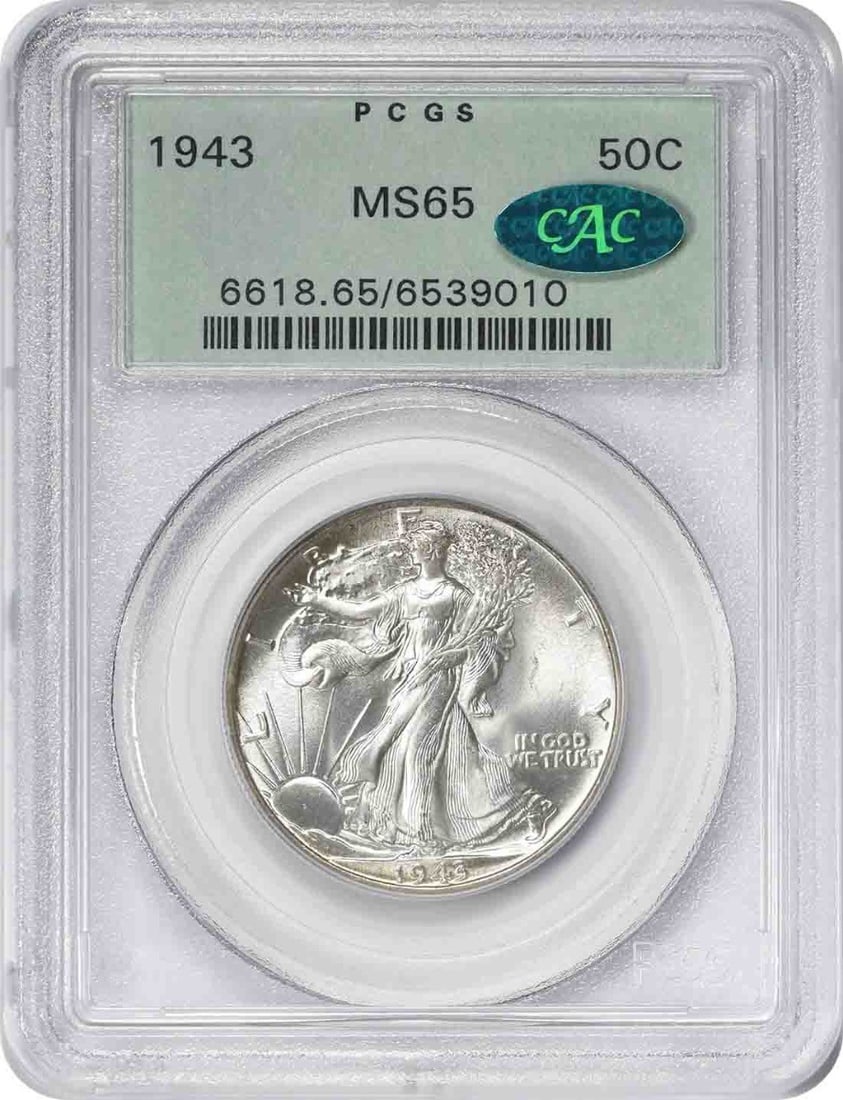 1943 Liberty Walking Half Dollar MS65 PCGS OGH CAC Certified Silver Coin: 1943 Liberty Walking Half Dollar MS65 PCGS OGH CAC Certified Silver Coin This is a 1943 Walking Liberty Half Dollar graded MS65 by PCGS, featuring the original green holder and CAC certification. Stru