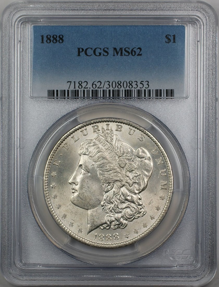 PCGS MS-62 1888 Morgan Dollar Silver $1 Philadelphia Mint Coin: PCGS MS-62 1888 Morgan Dollar Silver $1 Philadelphia Mint Coin This 1888 Morgan Silver Dollar is graded MS-62 by PCGS, indicating a higher quality uncirculated condition. Minted in Philadelphia, this 