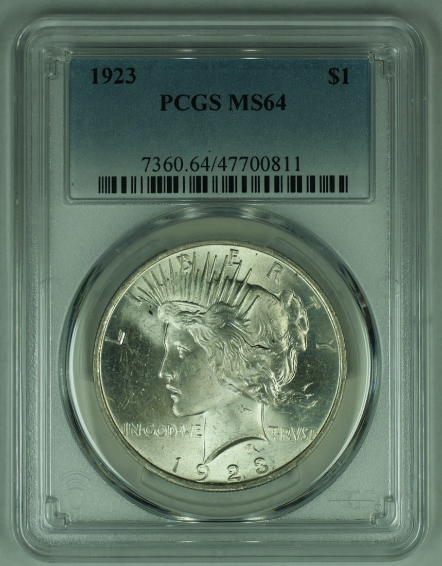 PCGS MS 64 1923 Silver Peace Dollar Uncirculated US Coin: PCGS MS 64 1923 Silver Peace Dollar Uncirculated US Coin This is a 1923 Peace Silver $1 Dollar coin from the United States, graded MS 64 by PCGS. The coin is uncirculated and composed of silver. It ha