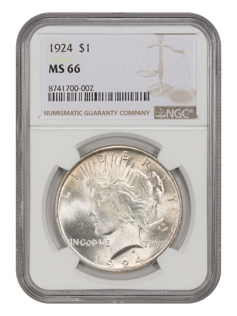 NGC MS66 1924 Peace Dollar $1 Philadelphia Mint: NGC MS66 1924 Peace Dollar $1 Philadelphia Mint 1924 $1 Peace Dollar certified by NGC with an MS66 grade. Struck in Philadelphia, this uncirculated coin is a popular collector date and is described as