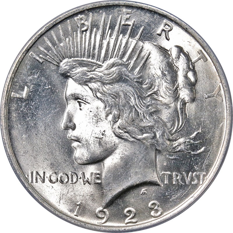 PCGS MS63 1923-P Peace Silver Dollar Uncirculated Blast White: PCGS MS63 1923-P Peace Silver Dollar Uncirculated Blast White This 1923-P Peace Dollar is certified by PCGS with a grade of MS63. The coin is uncirculated, features a blast white appearance, and displ