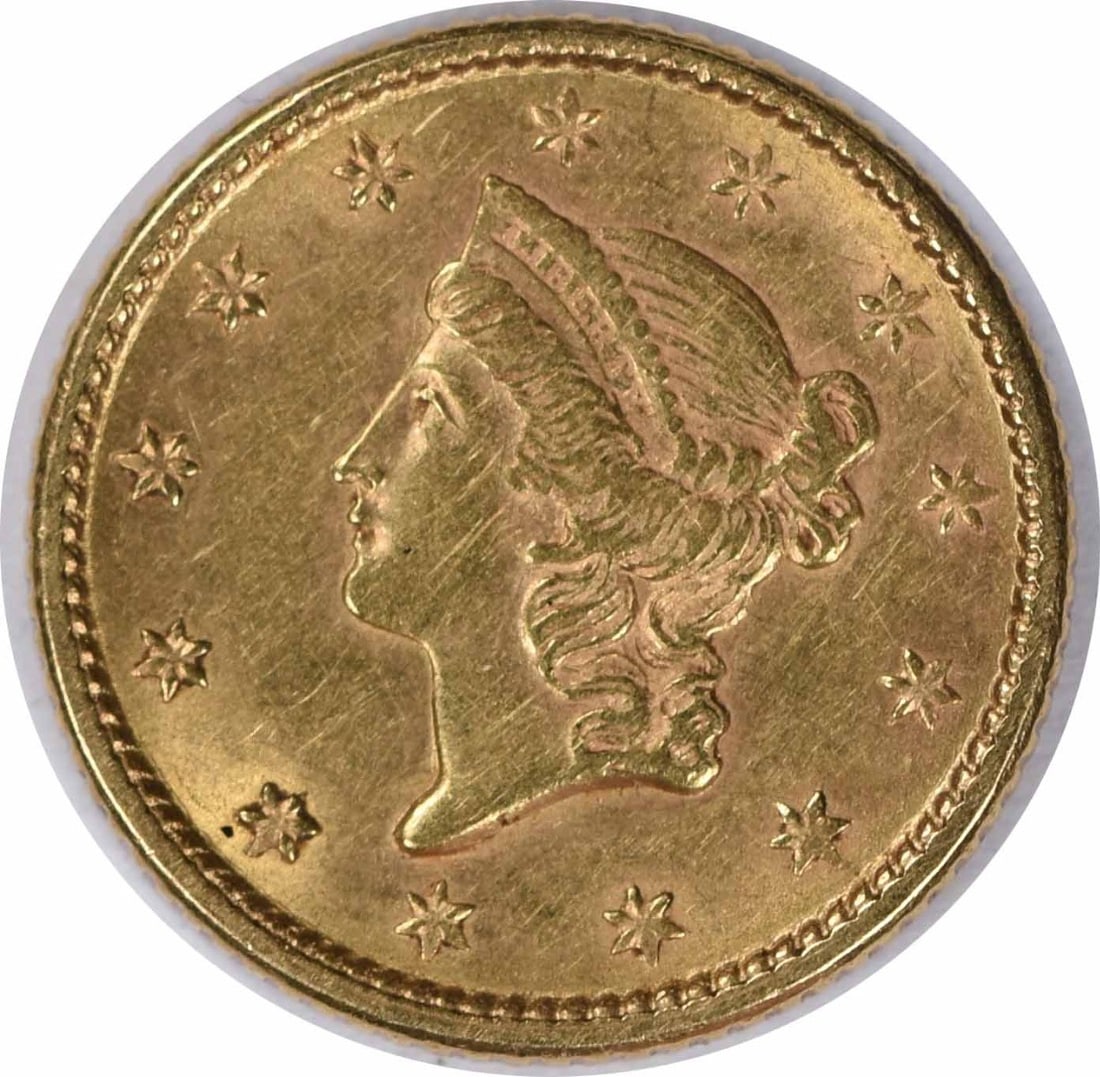 1853 Philadelphia $1 Gold Coin Type 1 AU Uncertified: 1853 Philadelphia $1 Gold Coin Type 1 AU Uncertified 1853 $1 Gold Type 1 coin in AU slider condition. This circulated, uncertified United States coin was struck in Philadelphia and features a reeded e