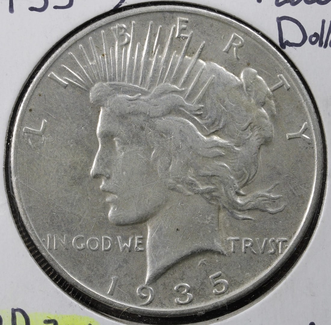 1935-S San Francisco Peace Silver Dollar AU Better Date: 1935-S San Francisco Peace Silver Dollar AU Better Date This is a 1935 Peace Silver Dollar coin from the United States, minted in San Francisco. The coin is composed of 90% silver and has a denominati