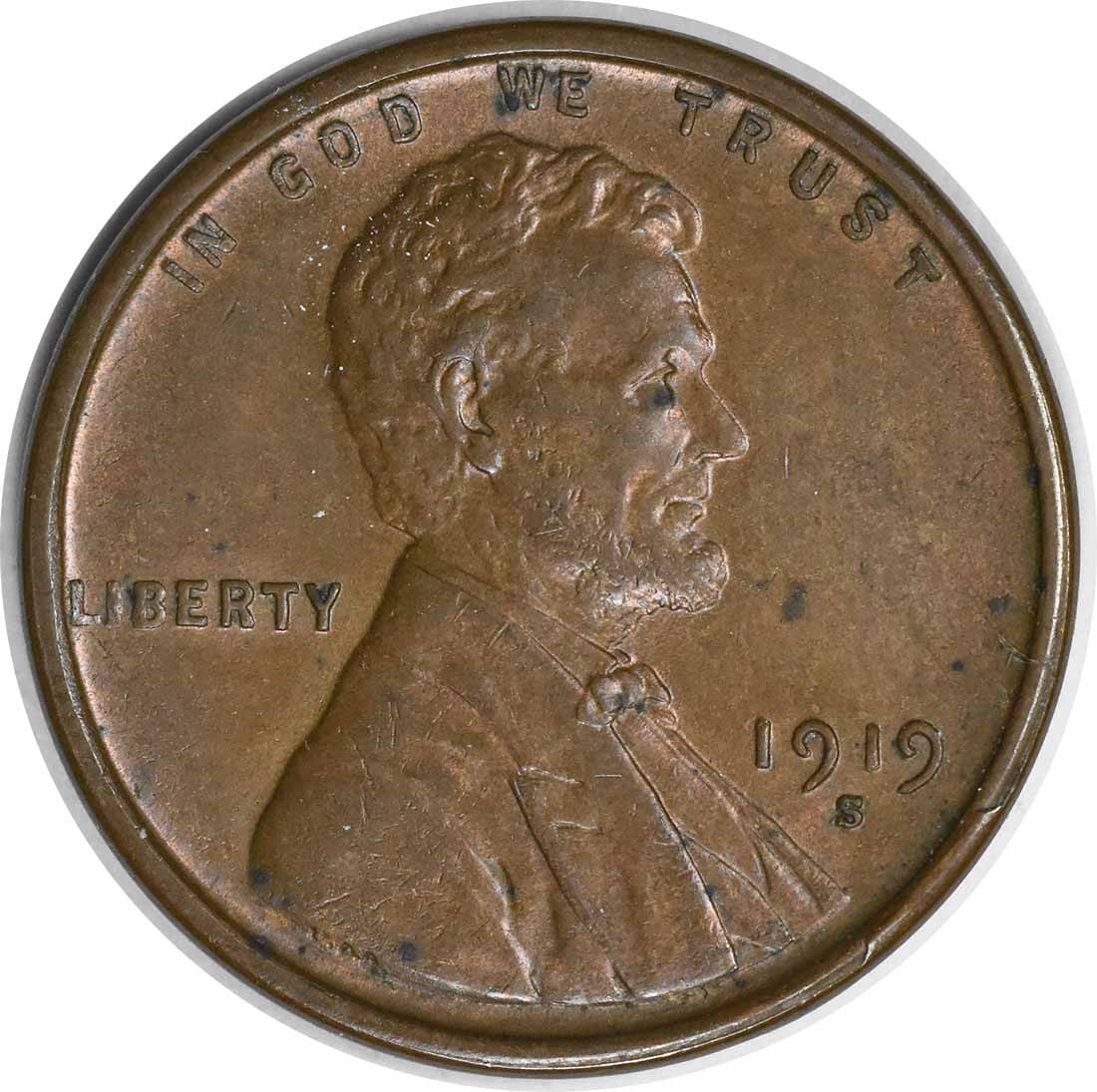 Uncirculated 1919-S Lincoln Wheat Cent Copper Choice BU Uncertified: Uncirculated 1919-S Lincoln Wheat Cent Copper Choice BU Uncertified This is a 1919-S Lincoln Wheat Cent, composed of copper and graded as Choice Brilliant Uncirculated (BU). The coin is uncertified an