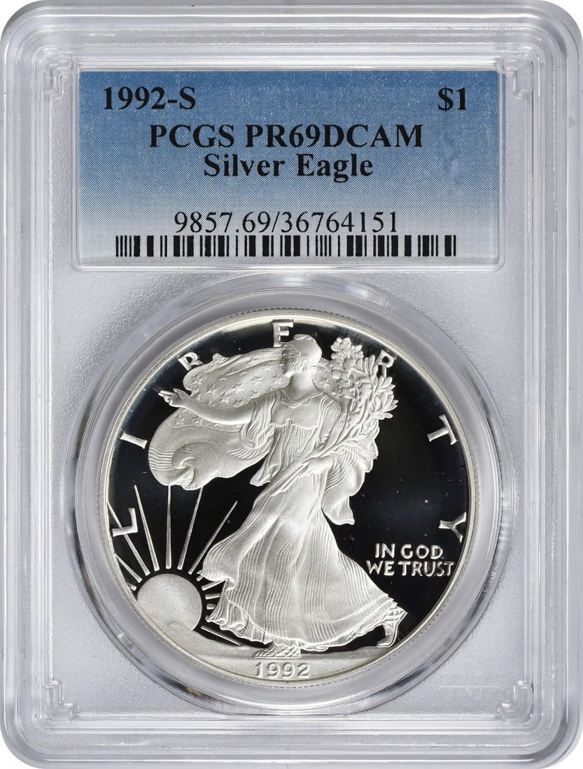 1992-S American Silver Eagle PR69DCAM PCGS Proof Coin 1 oz Silver: 1992-S American Silver Eagle PR69DCAM PCGS Proof Coin 1 oz Silver This 1992-S American Silver Eagle Dollar is a stunning example of U.S. Mint craftsmanship, certified by PCGS with a grade of PR69 Deep