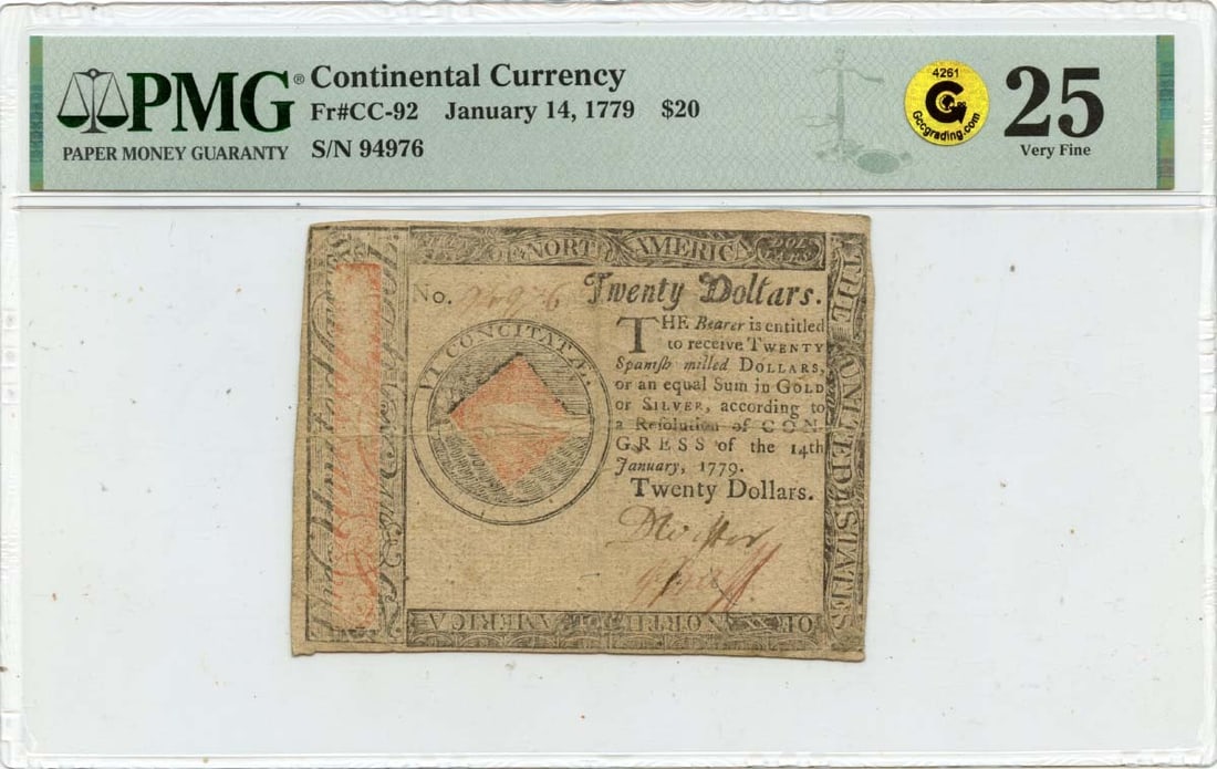 $20 Continental Currency Note 1779 FR#CC-92 PMG VF25 United States: $20 Continental Currency Note 1779 FR#CC-92 PMG VF25 United States This is a $20 Continental Currency note dated January 14, 1779. The note has been certified by PMG, receiving a grade of VF25. It is 