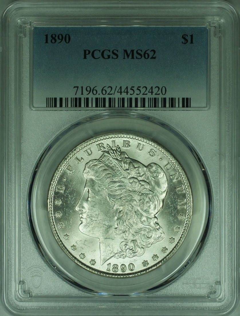 PCGS MS62 1890 Morgan Dollar Silver Coin Philadelphia Mint: PCGS MS62 1890 Morgan Dollar Silver Coin Philadelphia Mint This is an 1890 Morgan Silver Dollar coin with a denomination of $1, minted in Philadelphia. The coin is composed of silver and has been cert