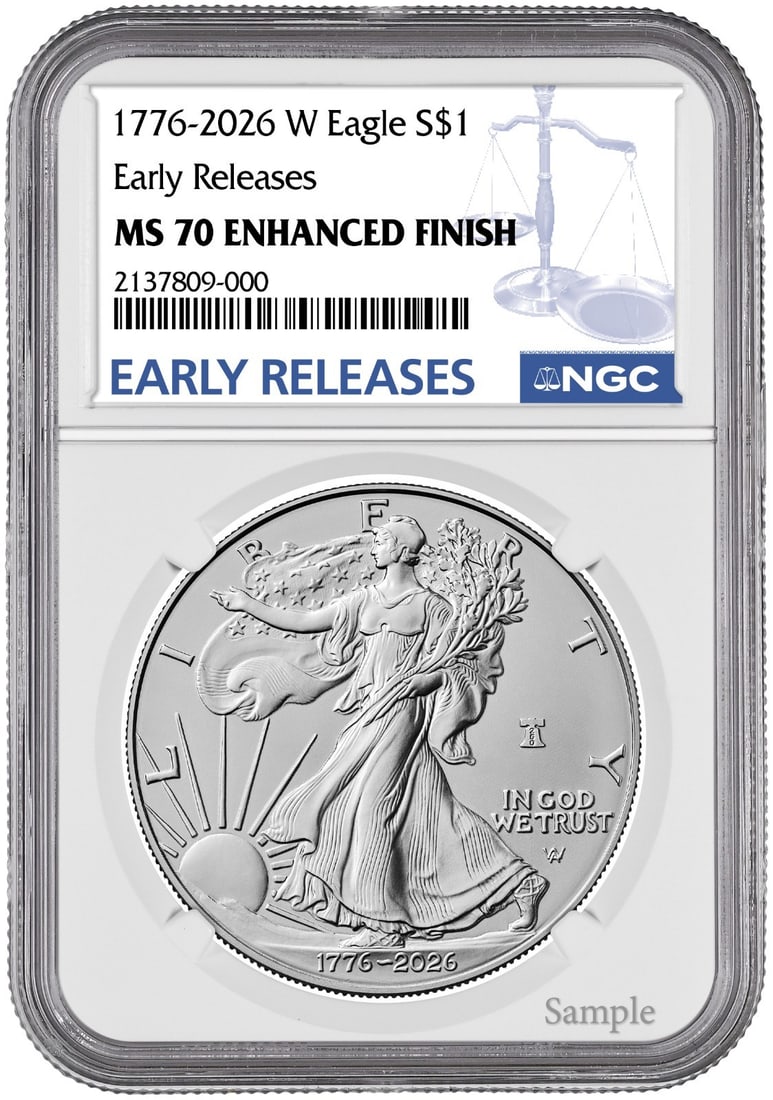NGC ER 2026 W American Silver Eagle $1 Enhanced Uncirculated MS70: NGC ER 2026 W American Silver Eagle $1 Enhanced Uncirculated MS70 2026-W American Silver Eagle $1 coin with an Enhanced Uncirculated strike and NGC MS70 grade. This pre-owned coin contains 1 oz of .99