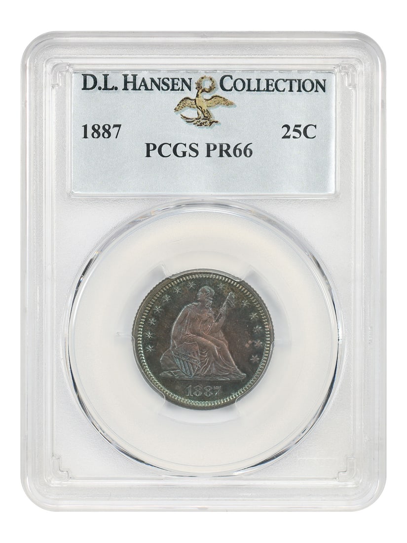 PCGS PR66 1887 Liberty Seated Quarter 25C ex D.L. Hansen: PCGS PR66 1887 Liberty Seated Quarter 25C ex D.L. Hansen 1887 Liberty Seated Quarter certified by PCGS as PR66. This proof issue comes from a low mintage of just 710 pieces and is described as deeply 
