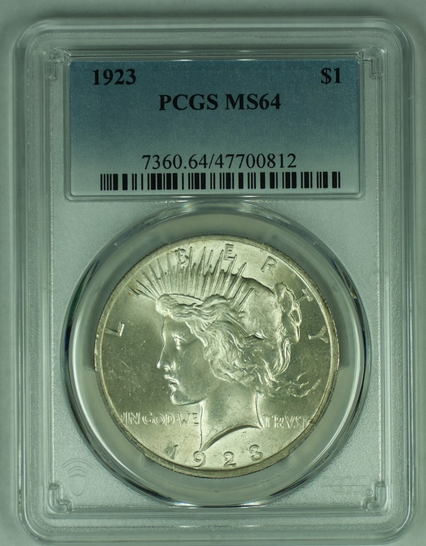PCGS MS64 1923 Peace Silver Dollar Certified United States Coin: PCGS MS64 1923 Peace Silver Dollar Certified United States Coin This is a 1923 Peace Silver $1 Dollar coin from the United States, certified by PCGS with a grade of MS 64. The coin is composed of silv