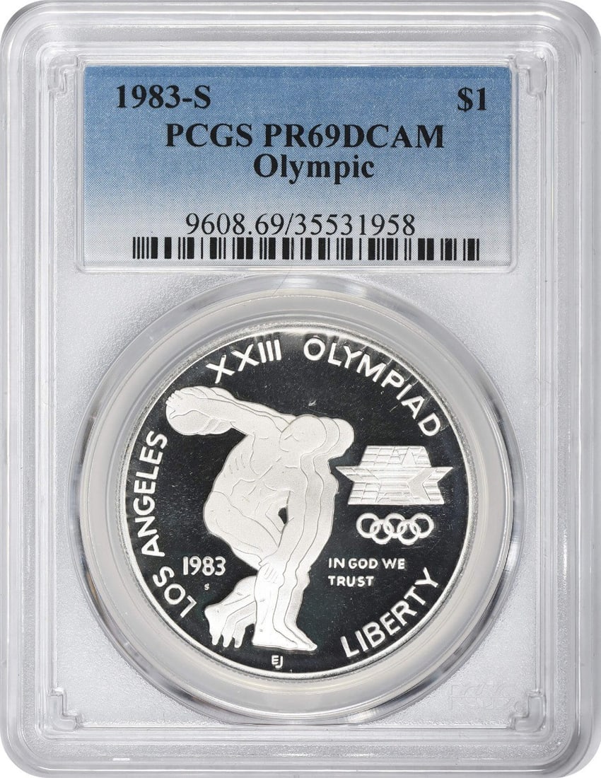 PCGS PR69DCAM 1983-S US Olympic Commemorative Silver Dollar Proof: PCGS PR69DCAM 1983-S US Olympic Commemorative Silver Dollar Proof 1983-S Olympic Silver Commemorative Dollar graded PR69DCAM by PCGS. This uncirculated proof coin is a United States commemorative silv