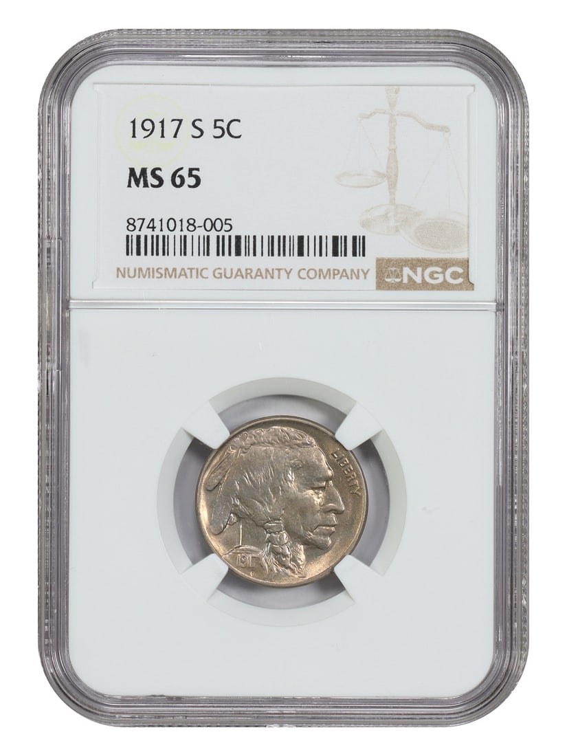 NGC MS65 1917 S Buffalo Nickel 5C Uncirculated: NGC MS65 1917 S Buffalo Nickel 5C Uncirculated 1917-S Buffalo Nickel certified by NGC in MS65. This uncirculated example is described as a highly lustrous gem from the better San Francisco issue, with
