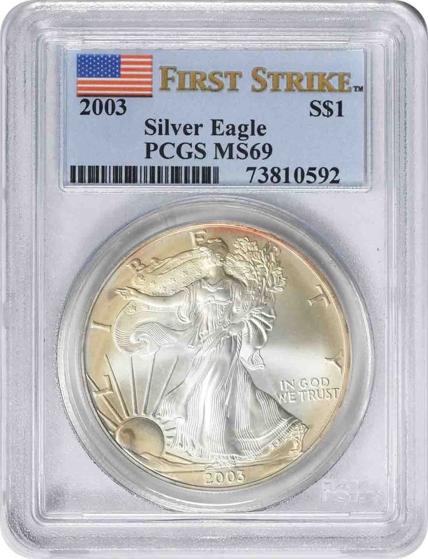 2003 PCGS MS69 First Strike American Silver Eagle Dollar: 2003 PCGS MS69 First Strike American Silver Eagle Dollar This 2003 $1 American Silver Eagle coin is graded MS69 by PCGS and features the First Strike designation. Struck by the U.S. Mint, it contains 