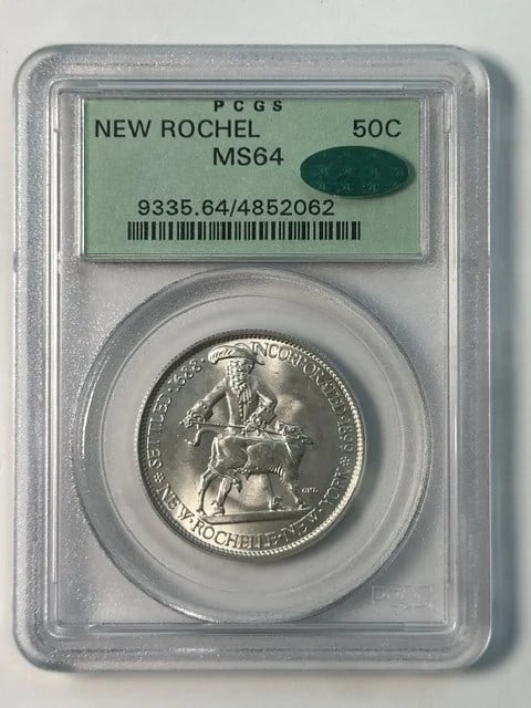 1938 New Rochelle Silver Commemorative Dollar PCGS MS64 CAC: 1938 New Rochelle Silver Commemorative Dollar PCGS MS64 CAC 1938 New Rochelle commemorative dollar certified by PCGS and CAC. This pre-owned silver coin is graded MS 64 and was issued in the USA. Spec