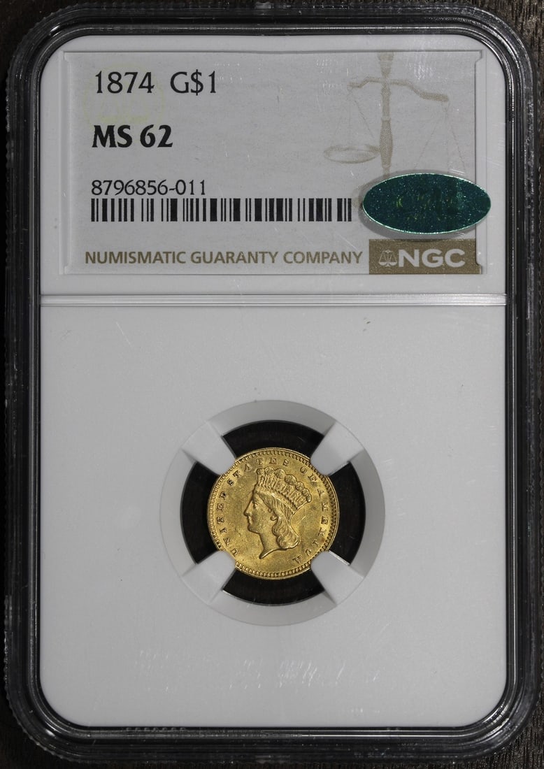 NGC MS62 CAC 1874 Type 3 Gold Dollar Coin: NGC MS62 CAC 1874 Type 3 Gold Dollar Coin 1874 Type 3 Gold Dollar graded MS62 by NGC with CAC designation. This pre-owned United States $1 gold coin features a reeded edge and is struck in 0.9 finenes