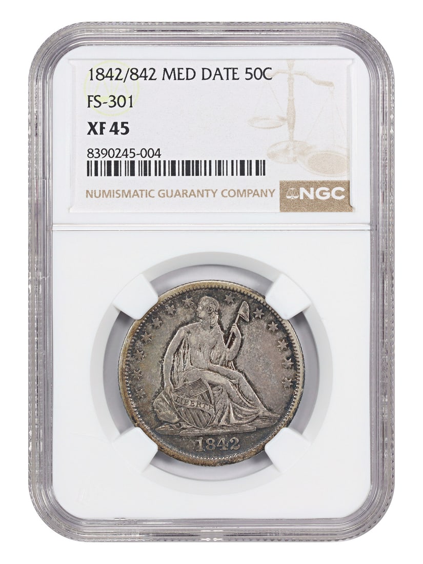 1842 Liberty Seated Half Dollar 50C NGC XF45 FS-301 Medium Date: 1842 Liberty Seated Half Dollar 50C NGC XF45 FS-301 Medium Date 1842 Liberty Seated Half Dollar, Medium Date, FS-301 variety, certified by NGC as XF45. This circulated, pre-owned 50C coin was struck a