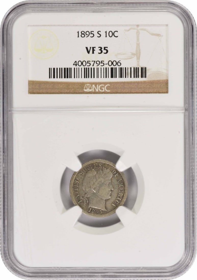 NGC VF35 1895-S Barber 10C Silver Dime: NGC VF35 1895-S Barber 10C Silver Dime 1895-S Barber silver dime graded VF35 by NGC. This circulated United States 10C coin is a pre-owned example from the Barber series. Specifications Coin: Barber D