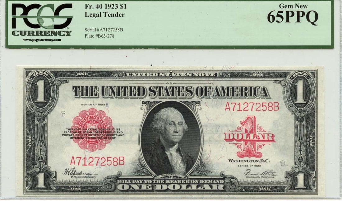 PCGS Gem 65PPQ 1923 $1 United States Legal Tender Note FR#40: PCGS Gem 65PPQ 1923 $1 United States Legal Tender Note FR#40 1923 $1 Legal Tender Note certified by PCGS Currency and graded Gem 65PPQ. This pre-owned note is listed as uncirculated and issued in the 